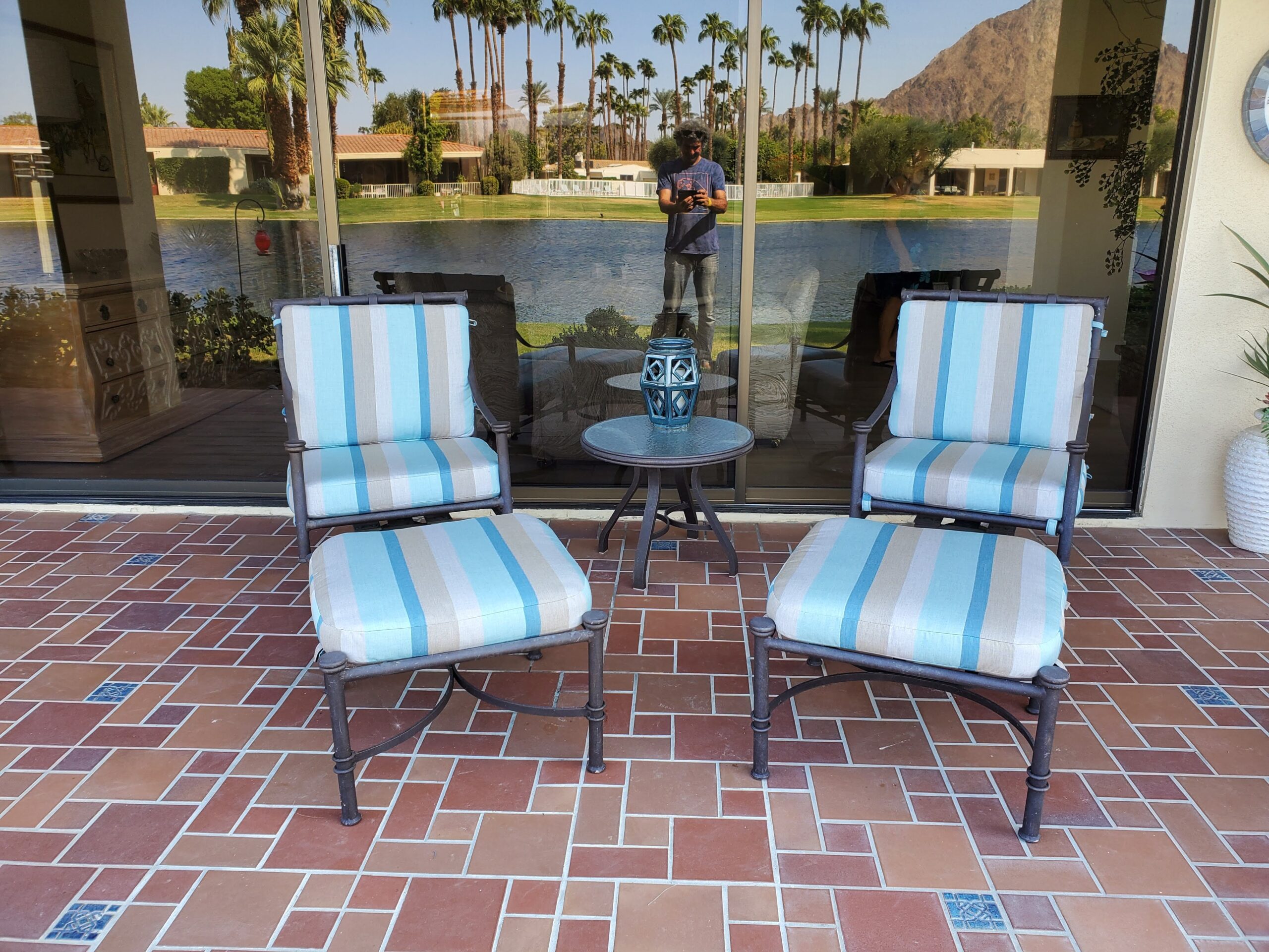 Custom blue striped lounge chair cushions